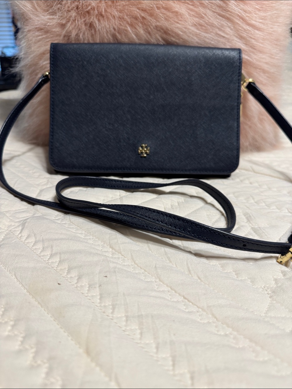 Tory Burch Black Saffiano Crossbody with Gold Emblem